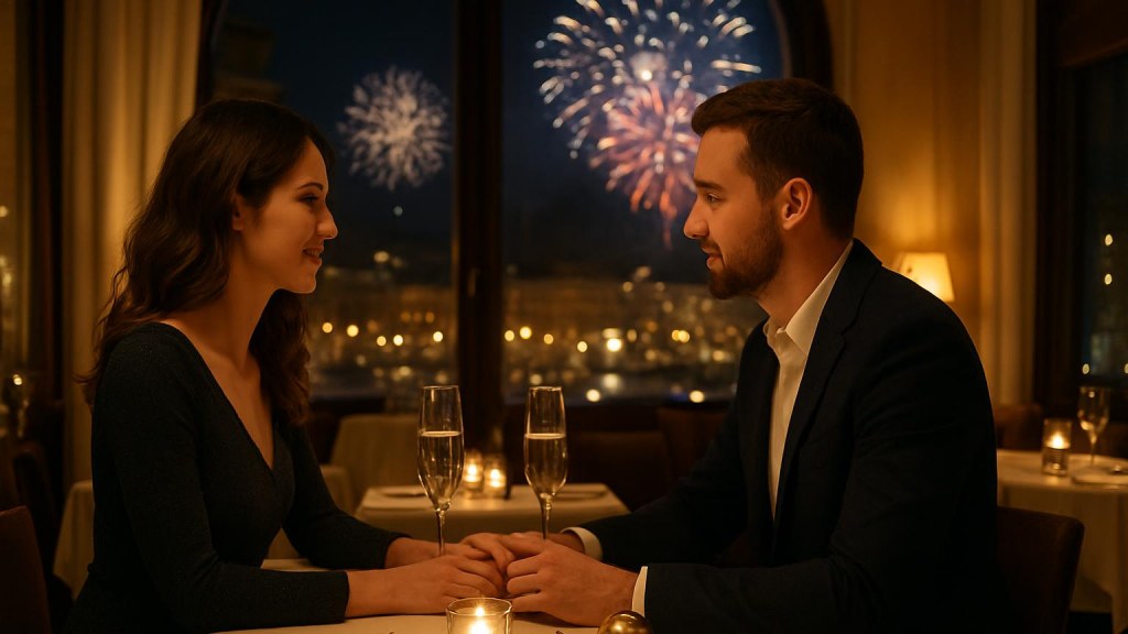 Capodanno romantico a Genova: hotel, cena e idee per coppie Coppia durante una cena romantica di Capodanno